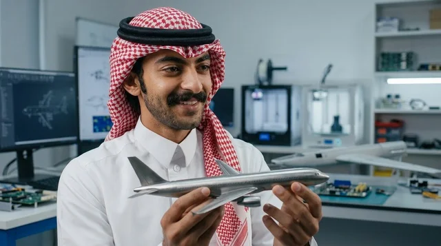 مهندس طيران سعودي يحمل مجسم طائرة في مختبر تقني