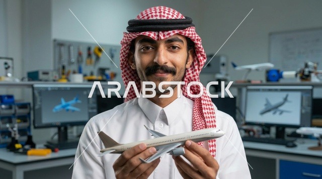 مهندس طيران سعودي يحمل مجسم طائرة داخل مختبر تقني
