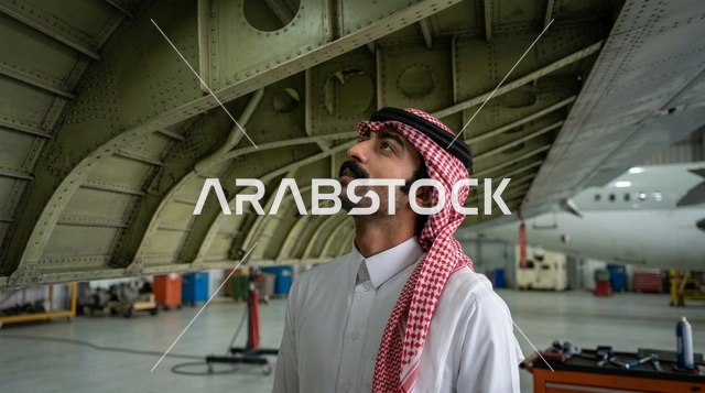 مهندس طيران سعودي يفحص طائرة داخل حظيرة الصيانة