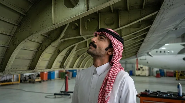 مهندس طيران سعودي يفحص طائرة داخل حظيرة الصيانة