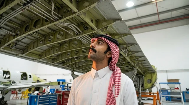 مهندس طيران سعودي يتفحص هيكل جناح طائرة داخل الحظيرة
