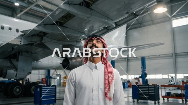 رجل سعودي يقف تحت جناح الطائرة داخل حظيرة الصيانة