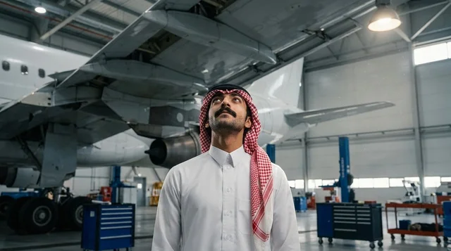 رجل سعودي يقف تحت جناح الطائرة داخل حظيرة الصيانة