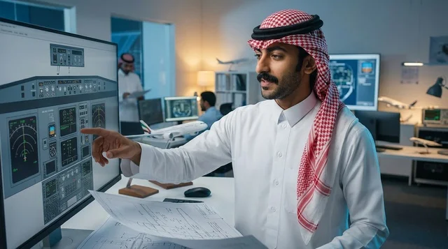 مهندس طيران سعودي يحلل البيانات على الشاشة