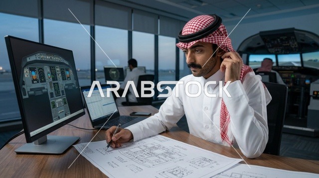 مهندس سعودي يراجع مخططات فنية في مركز محاكاة الطيران