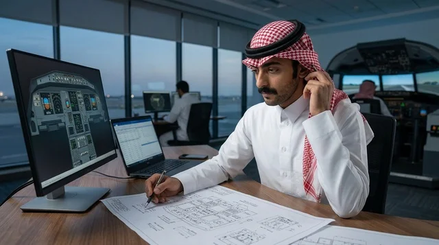مهندس سعودي يراجع مخططات فنية في مركز محاكاة الطيران