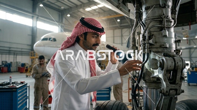 مهندس سعودي يفحص معدات هبوط الطائرة داخل حظيرة الصيانة