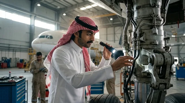 مهندس سعودي يفحص معدات هبوط الطائرة داخل حظيرة الصيانة