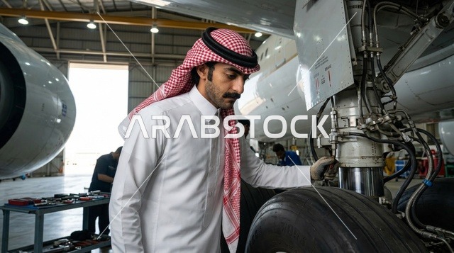 مهندس طيران سعودي يفحص عجلات هبوط الطائرة في الحظيرة