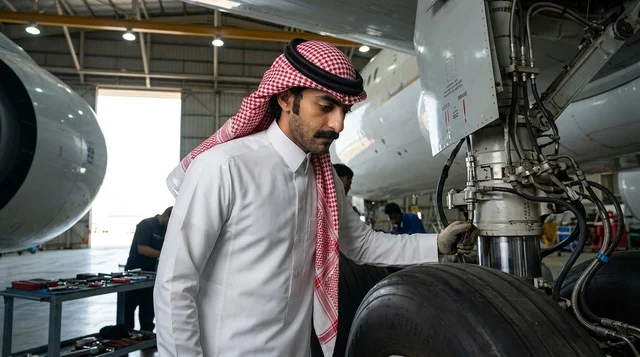 مهندس طيران سعودي يفحص عجلات هبوط الطائرة في الحظيرة