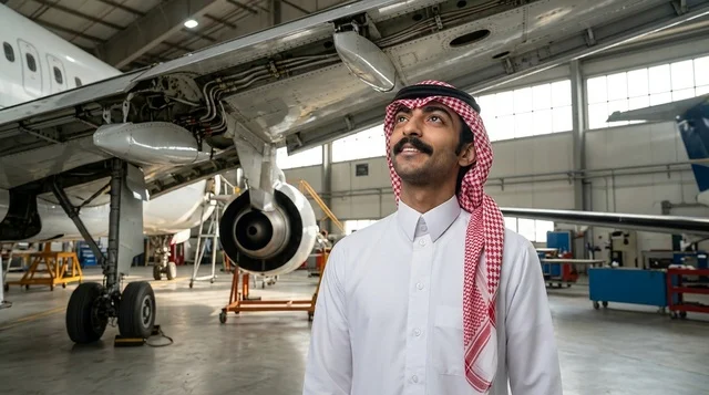 رجل سعودي بالزي التقليدي في حظيرة صيانة الطائرات
