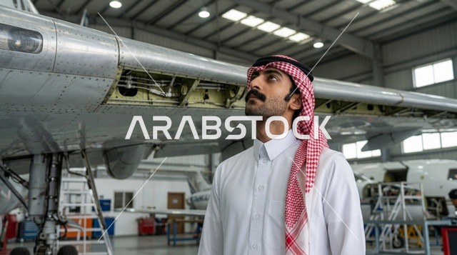 مهندس سعودي يراقب صيانة الطائرة داخل حظيرة الطيران