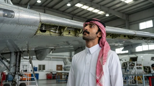 مهندس سعودي يراقب صيانة الطائرة داخل حظيرة الطيران