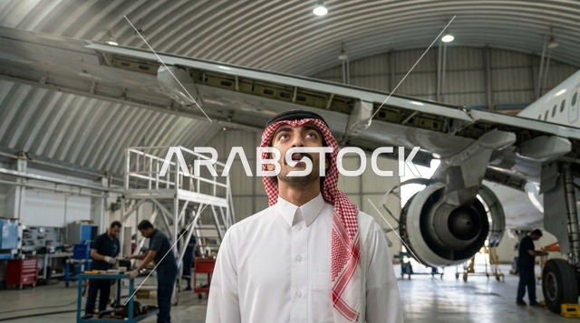 مهندس طيران سعودي مع جهاز لوحي في حظيرة الطائرات