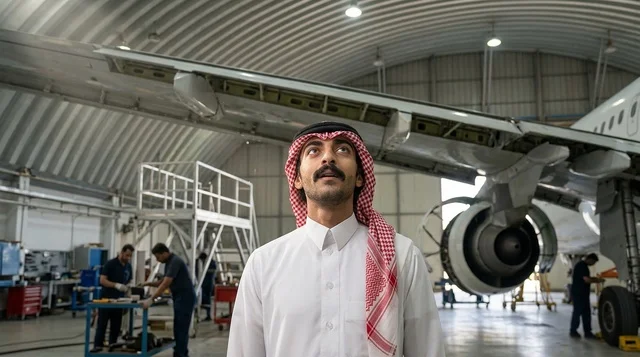 مهندس طيران سعودي مع جهاز لوحي في حظيرة الطائرات