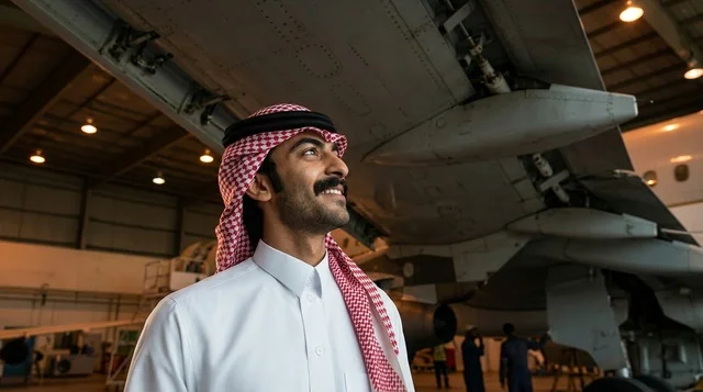 رجل سعودي يقف بجانب طائرة حربية مقاتلة في الحظيرة