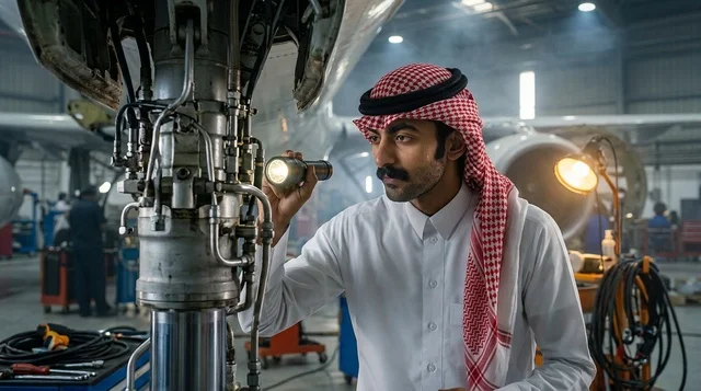فني طيران عربي يفحص الطائرة داخل حظيرة الصيانة