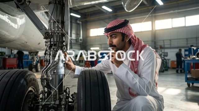 مهندس طيران سعودي يفحص عجلات الهبوط في حظيرة الطائرات