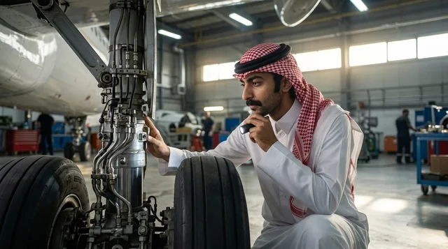مهندس طيران سعودي يفحص عجلات الهبوط في حظيرة الطائرات