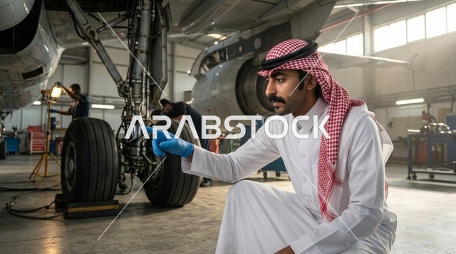 مهندس طيران سعودي يفحص هيكل طائرة داخل حظيرة الطائرات