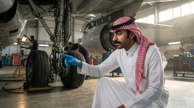 مهندس طيران سعودي يفحص هيكل طائرة داخل حظيرة الطائرات