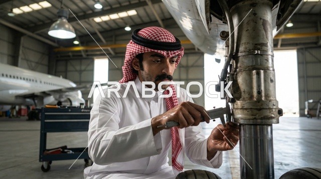 مهندس طيران سعودي يفحص معدات هبوط الطائرة داخل الحظيرة
