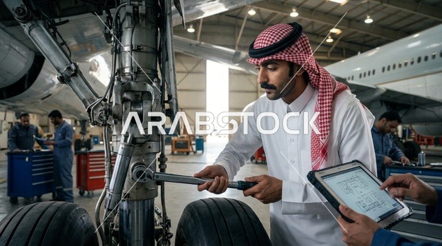 مهندس طيران سعودي يفحص عجلات طائرة تجارية في الهنقر