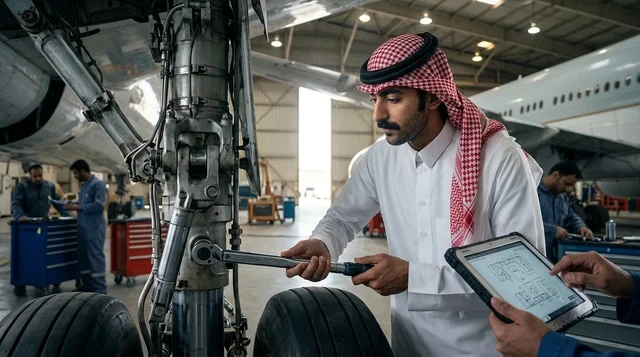 مهندس طيران سعودي يفحص عجلات طائرة تجارية في الهنقر