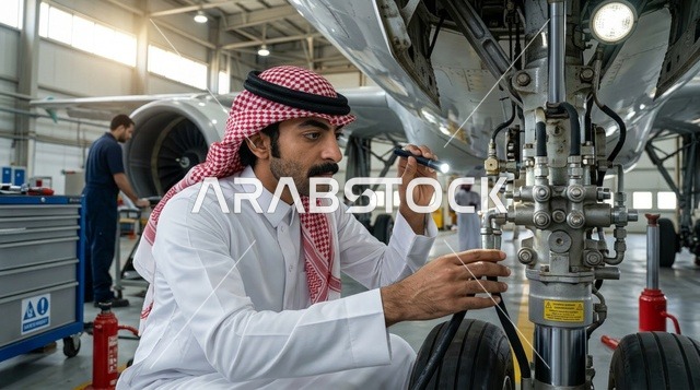 Arab Aircraft Engineer Inspecting Airplane Landing Gear
