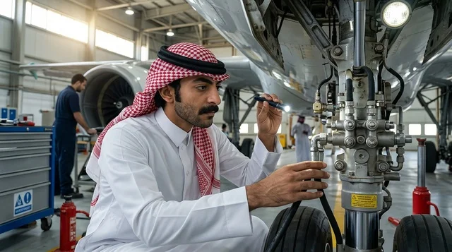 مهندس طيران عربي يفحص عجلات الهبوط في حظيرة الصيانة