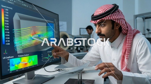 مهندس سعودي يحلل محاكاة ديناميكية هوائية على الشاشة