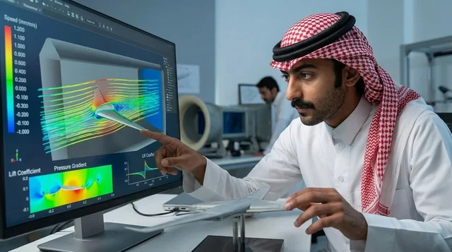 مهندس سعودي يحلل محاكاة ديناميكية هوائية على الشاشة