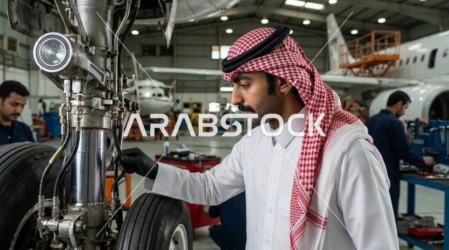 مهندس طيران سعودي يفحص طائرة داخل حظيرة الصيانة