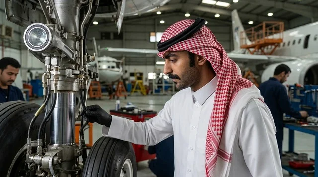 مهندس طيران سعودي يفحص طائرة داخل حظيرة الصيانة