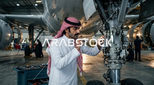 Saudi Aircraft Engineer Inspecting Plane in Hangar