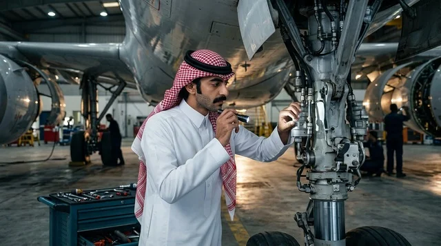 Saudi Aircraft Engineer Inspecting Plane in Hangar
