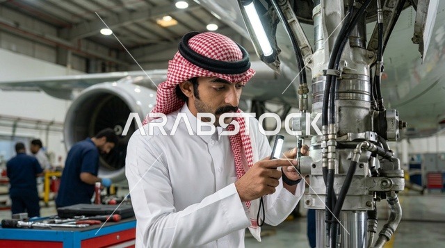 مهندس طيران سعودي يفحص هيكل طائرة في حظيرة الصيانة