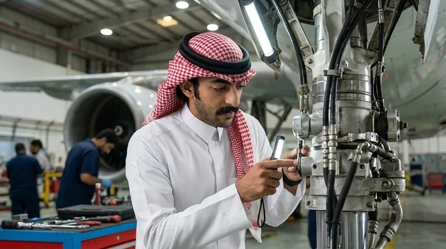 مهندس طيران سعودي يفحص هيكل طائرة في حظيرة الصيانة