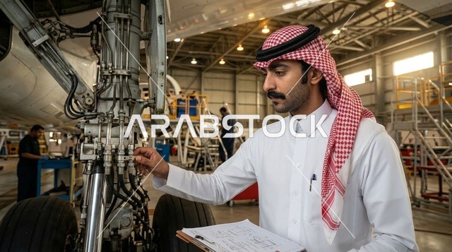 مهندس طيران سعودي مع جهاز لوحي في حظيرة الطائرات