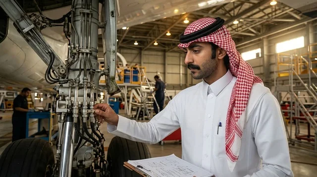مهندس طيران سعودي مع جهاز لوحي في حظيرة الطائرات