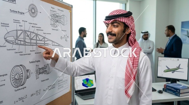 Saudi Aerospace Engineer Pointing at Turbine Diagram