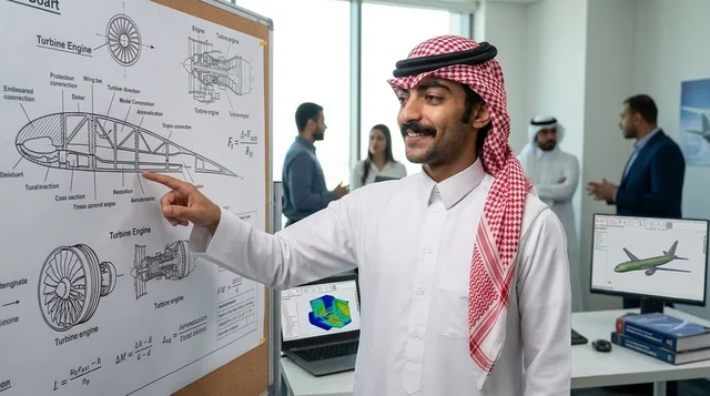 Saudi Aerospace Engineer Pointing at Turbine Diagram