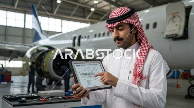 Saudi Aviation Engineer with Tablet in Airplane Hangar