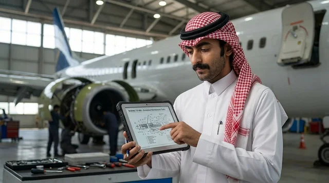 مهندس طيران سعودي يحمل جهازا لوحيا في حظيرة طائرات