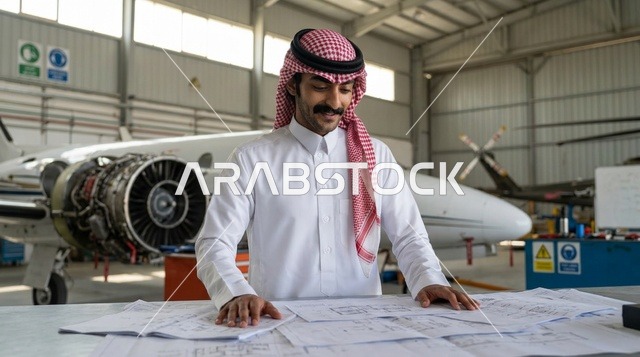 مهندس طيران سعودي مع جهاز لوحي في حظيرة الطائرات
