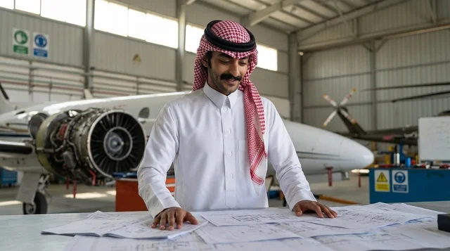 مهندس طيران سعودي مع جهاز لوحي في حظيرة الطائرات