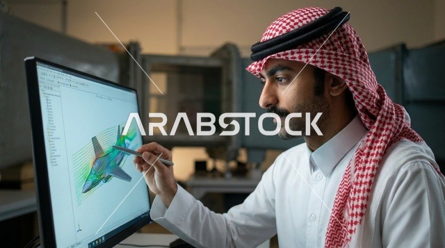 Saudi Engineer Analyzing Aerospace Simulation in Lab