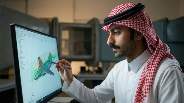 Saudi Engineer Analyzing Aerospace Simulation in Lab