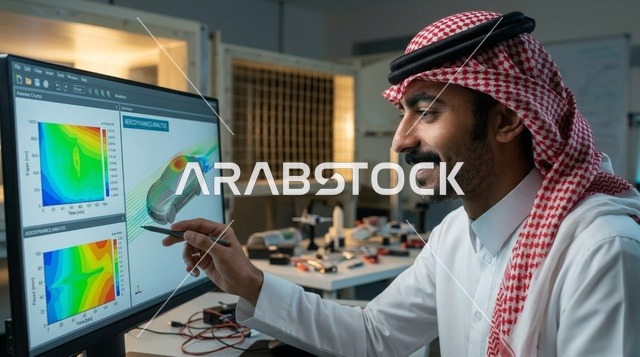 Saudi Engineer Analyzing 3D Simulation on Computer