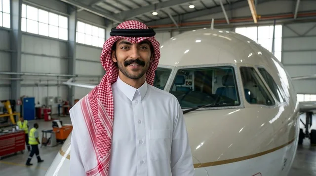 رجل سعودي بالزي التقليدي داخل حظيرة طائرات
